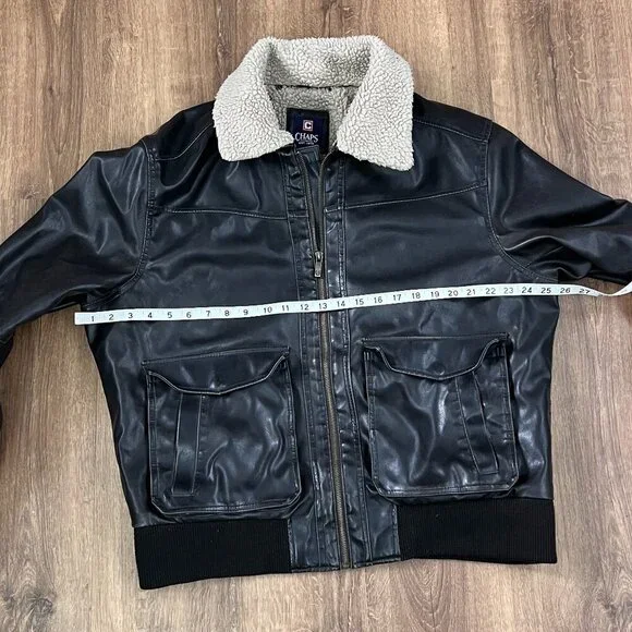 Chaps Bomber Aviator Faux LeatherJacket Detachable Curly Shearling Collar Sz L - Picture 7 of 10
